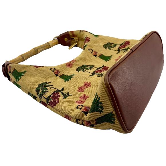 Sunny Hawaii Hula Girl Tapestry Bamboo Handle Shoulder Bag Brown Leather 12x9 - Picture 16 of 16